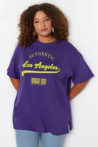 Trendyol Curve Purple Wide Pattern Crew Neck Printed 100% Cotton Knitting T-Shirt