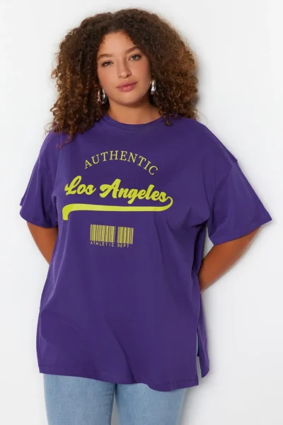 Trendyol Curve Purple Wide Pattern Crew Neck Printed 100% Cotton Knitting T-Shirt