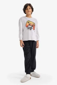 DeFacto Pajama Set Velvet Printed Long Sleeve Top Long Bottom Boy Child