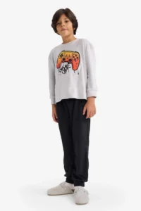 DeFacto Pajama Set Velvet Printed Long Sleeve Top Long Bottom Boy Child - Image 2