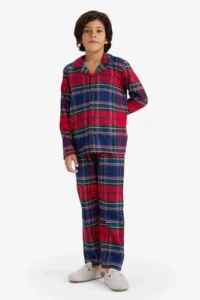 DeFacto 100% Cotton Patterned Flannel Elastic Waist Pajama Set for Boy - Image 2