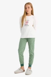 DeFacto Girl's Pajama Set Printed Long Sleeve Top Checked Long Bottom - Image 2