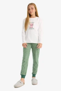DeFacto Girl's Pajama Set Printed Long Sleeve Top Checked Long Bottom - Image 3