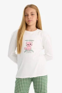 DeFacto Girl's Pajama Set Printed Long Sleeve Top Checked Long Bottom - Image 4