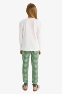 DeFacto Girl's Pajama Set Printed Long Sleeve Top Checked Long Bottom - Image 7