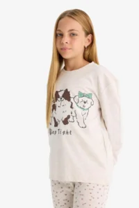 DeFacto Pajama Set Dog Printed Long Sleeve Top Patterned Long Bottom Girl Child - Image 3