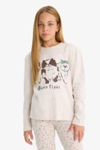 DeFacto Pajama Set Dog Printed Long Sleeve Top Patterned Long Bottom Girl Child - Image 4