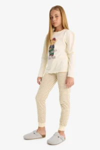 DeFacto Girl's Pajama Set Printed Long Sleeve Top Striped Long Bottom - Image 2