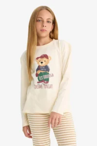DeFacto Girl's Pajama Set Printed Long Sleeve Top Striped Long Bottom - Image 3