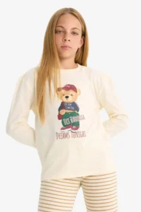 DeFacto Girl's Pajama Set Printed Long Sleeve Top Striped Long Bottom - Image 4