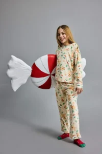 DeFacto Christmas Themed Pajama Set Velvet Long Sleeve Top Long Bottom Girl Child