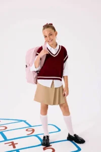 DeFacto School Pleated Waist Elastic Gabardine Beige Girls Skirt F1418A8/BG219