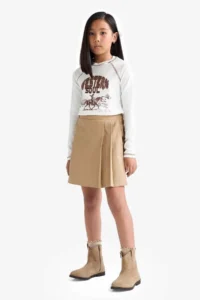 DeFacto School Pleated Waist Elastic Gabardine Beige Girls Skirt F1418A8/BG219 - Image 2
