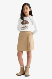 DeFacto School Pleated Waist Elastic Gabardine Beige Girls Skirt F1418A8/BG219 - Image 3