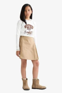 DeFacto School Pleated Waist Elastic Gabardine Beige Girls Skirt F1418A8/BG219 - Image 4