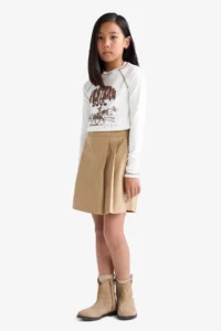 DeFacto School Pleated Waist Elastic Gabardine Beige Girls Skirt F1418A8/BG219 - Image 5