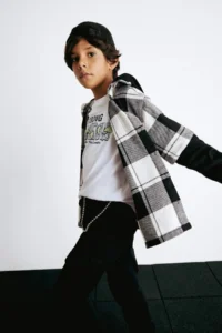 DeFacto Oversize Wide Fit Hooded Plaid Patterned Flannel Long Sleeve Shirt Boy
