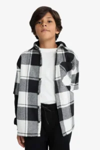 DeFacto Oversize Wide Fit Hooded Plaid Patterned Flannel Long Sleeve Shirt Boy - Image 8
