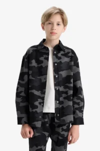 DeFacto Camouflage Patterned Gabardine Gray Boy's Shirt F1507A8/GR164 - Image 3
