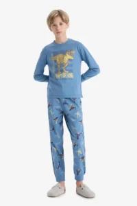 DeFacto 100% Cotton Dinosaur Printed Elastic Waist Pajama Set for Boys - Image 2