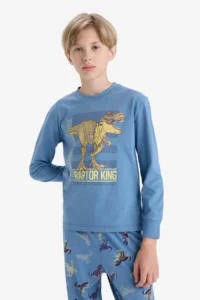 DeFacto 100% Cotton Dinosaur Printed Elastic Waist Pajama Set for Boys - Image 3