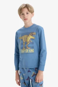 DeFacto 100% Cotton Dinosaur Printed Elastic Waist Pajama Set for Boys - Image 4