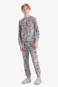 DeFacto 100% Cotton Patterned Elastic Waist Pajama Set Boy - Image 2