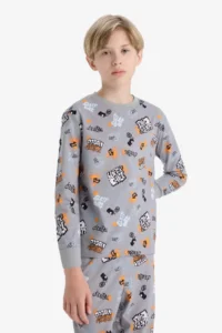 DeFacto 100% Cotton Patterned Elastic Waist Pajama Set Boy - Image 4