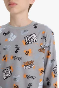DeFacto 100% Cotton Patterned Elastic Waist Pajama Set Boy - Image 5