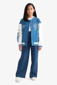 DeFacto College Collar Printed Bomber Jacket Girls - Image 2