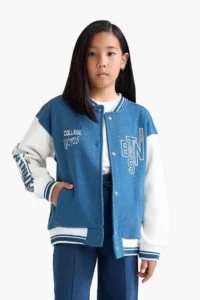 DeFacto College Collar Printed Bomber Jacket Girls - Image 3