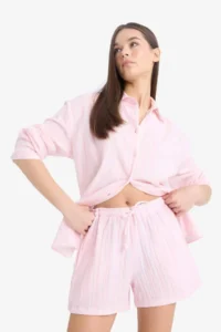 DeFacto A-Cut Waist Elastic Lace-Up Muslin Shorts - Image 6