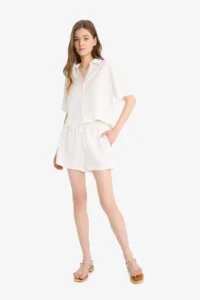DeFacto Regular Waist Elastic Pocket Linen Blend White Shorts