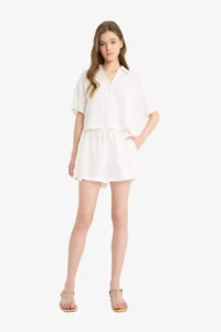 DeFacto Regular Waist Elastic Pocket Linen Blend White Shorts - Image 2