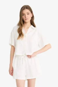 DeFacto Regular Waist Elastic Pocket Linen Blend White Shorts - Image 5