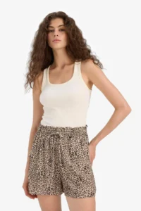 DeFacto Normal Waist Leopard Patterned Belted Crinkle Viscose Shorts - Image 4