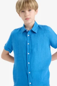 DeFacto Father's Day Polo Neck Linen Short Sleeve Shirt Boy - Image 3
