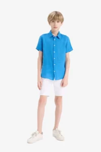 DeFacto Father's Day Polo Neck Linen Short Sleeve Shirt Boy - Image 4