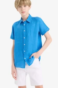 DeFacto Father's Day Polo Neck Linen Short Sleeve Shirt Boy - Image 5