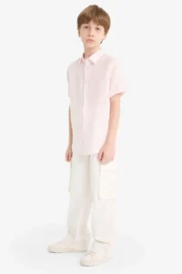 DeFacto Father's Day Polo Neck Linen Short Sleeve Shirt Boy - Image 2