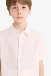 DeFacto Father's Day Polo Neck Linen Short Sleeve Shirt Boy - Image 4