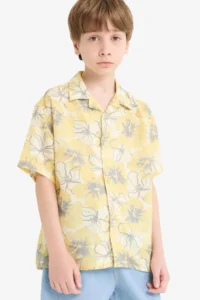 DeFacto Oversize Wide Fit Polo Neck Patterned Viscose Short Sleeve Shirt Boy