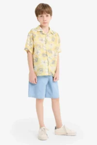 DeFacto Oversize Wide Fit Polo Neck Patterned Viscose Short Sleeve Shirt Boy - Image 2