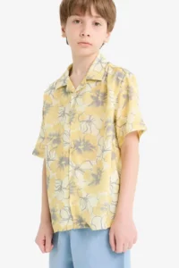 DeFacto Oversize Wide Fit Polo Neck Patterned Viscose Short Sleeve Shirt Boy - Image 3