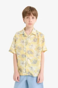 DeFacto Oversize Wide Fit Polo Neck Patterned Viscose Short Sleeve Shirt Boy - Image 4