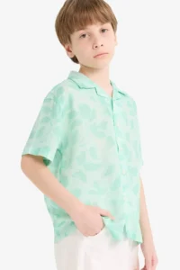 DeFacto Oversize Wide Fit Polo Neck Patterned Viscose Short Sleeve Shirt Boy - Image 2