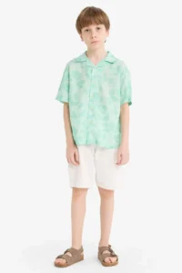 DeFacto Oversize Wide Fit Polo Neck Patterned Viscose Short Sleeve Shirt Boy - Image 3