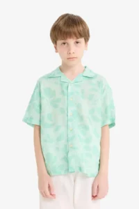 DeFacto Oversize Wide Fit Polo Neck Patterned Viscose Short Sleeve Shirt Boy - Image 4