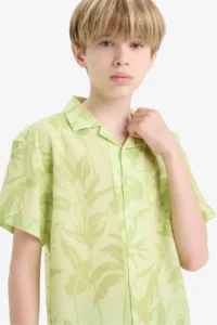 DeFacto Oversize Wide Fit Polo Neck Patterned Viscose Short Sleeve Shirt Boy