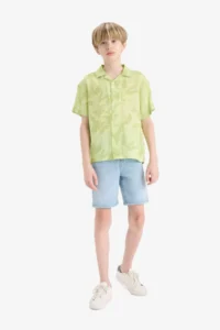 DeFacto Oversize Wide Fit Polo Neck Patterned Viscose Short Sleeve Shirt Boy - Image 2